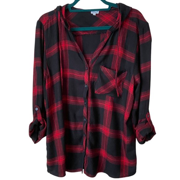 Bootlegger Women's Kismet Red and Black Plaid Hooded Button-Up Shirt Size XL - Picture 6 of 9